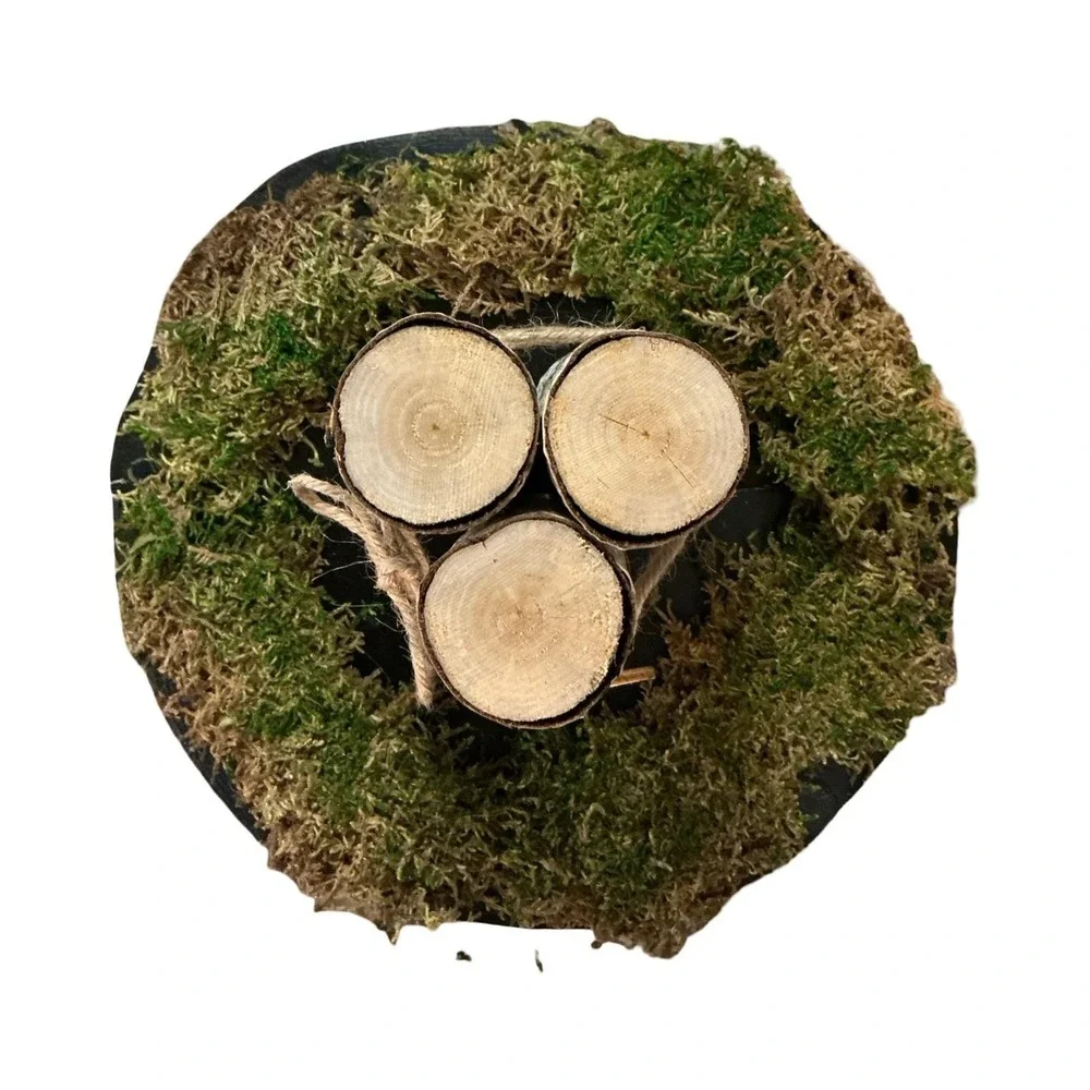 Handmade Rustic‎ Birch Wood Slab Centerpiece with Moss and Custom Heart